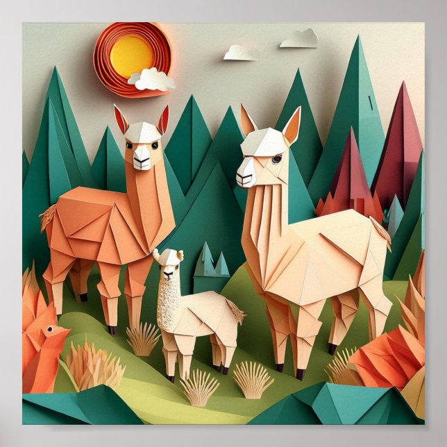 Poster Cenário de Arte em Papel Origami Alpacas 3D (Frente)
