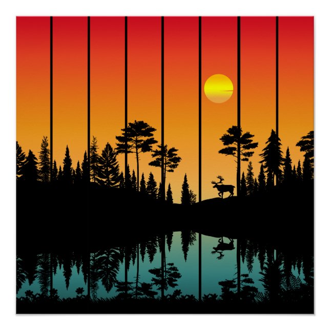 Póster Cenário Florestal do Nascer do Sol no Pôr do Sol V (Frente)