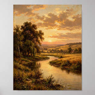 Poster Cenário fluvial do nascer do sol dourado de Barbiz