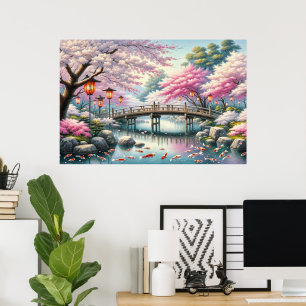 Poster Cenário japonês com Ponte, Koi e Sakura