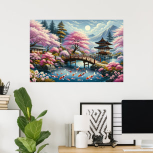 Poster Cenário japonês com Ponte, Koi e Sakura