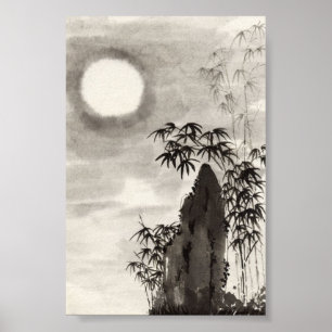 Poster Cenário japonês do luar noturno sumi-e