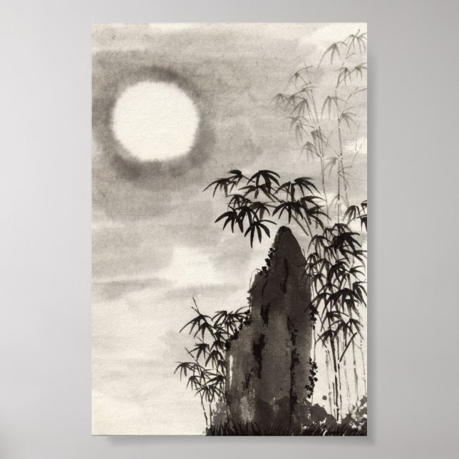 Poster Cenário japonês do luar noturno sumi-e (Frente)