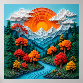 Poster Cenário Montanhoso Colorido com Rio, Árvores