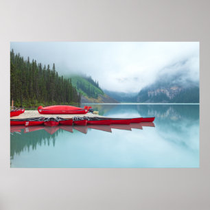 Poster Cenário Pacífico Lago Louise com Canoas Vermelhas