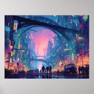 Poster Cenário Urbano Cyberpunk Futurista com Arcos Ilumi