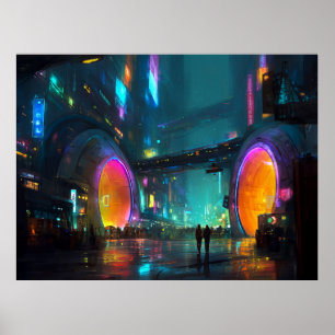 Poster Cenário Urbano Cyberpunk Vibrante com Arcos