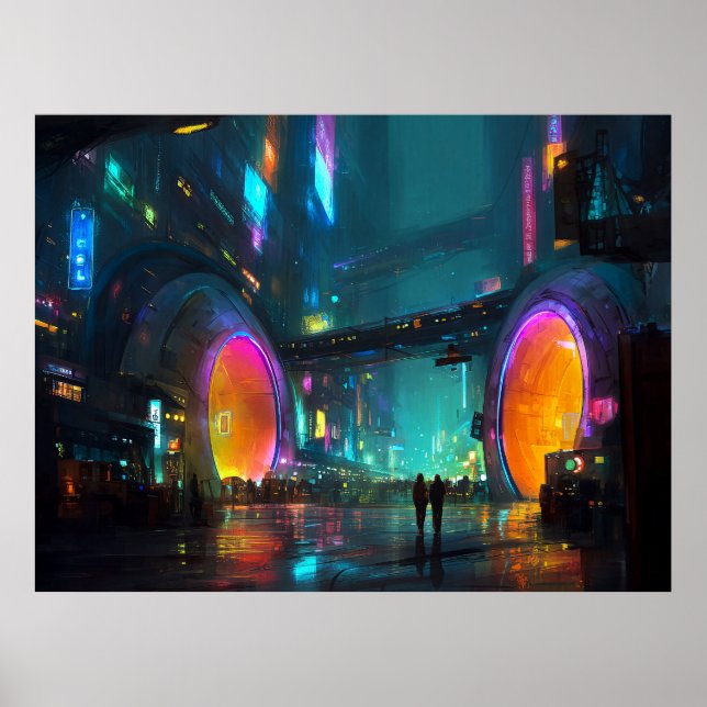 Poster Cenário Urbano Cyberpunk Vibrante com Arcos (Frente)