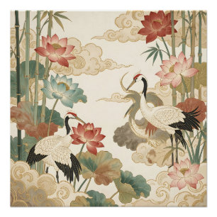 Póster Cenas de Lotus e Bambu com Grous Elegantes Orienta