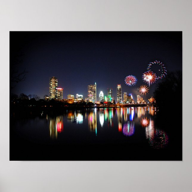 Poster Centro Austin Texas Night Skyline Fireworks (Frente)