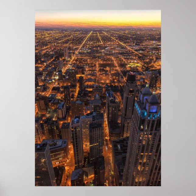 Poster Centro de Chicago no pôr do sol (Frente)