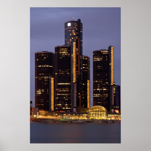 Poster Centro do renascimento de Detroit no crepúsculo