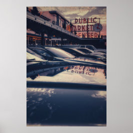 Poster Centro icônico de Seattle Pike Market ao pôr do so