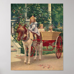 Poster cerca de 1910 crianças e carrinho desenhado a cava