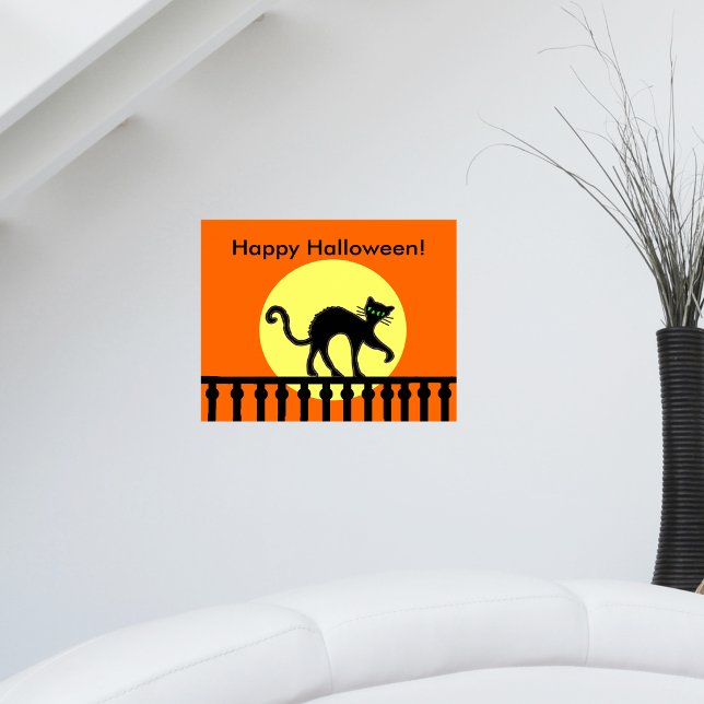 Poster Cerca de Lua Negra de Gato Halloween (Black cat arched back on black fence yellow moon on orange Happy Halloween wall poster decoration.)