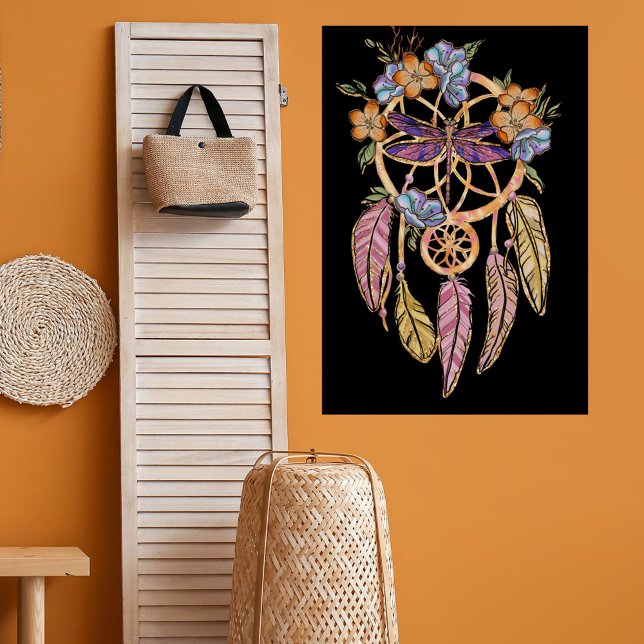 Póster Cercador de Sonhos Floral Boho com Libélula (Criador carregado)