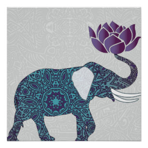 Póster Cerceta do elefante indiano e Lotus roxo