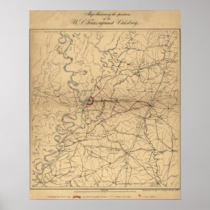 Póster Cerco de Vicksburg - mapa panorâmico da guerra