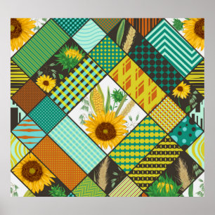 Poster Cereais de retalhos, girassóis, padrão geométrico.