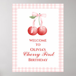 Poster Cereja Primeiro Morango Rosa Laço 1º aniversário
