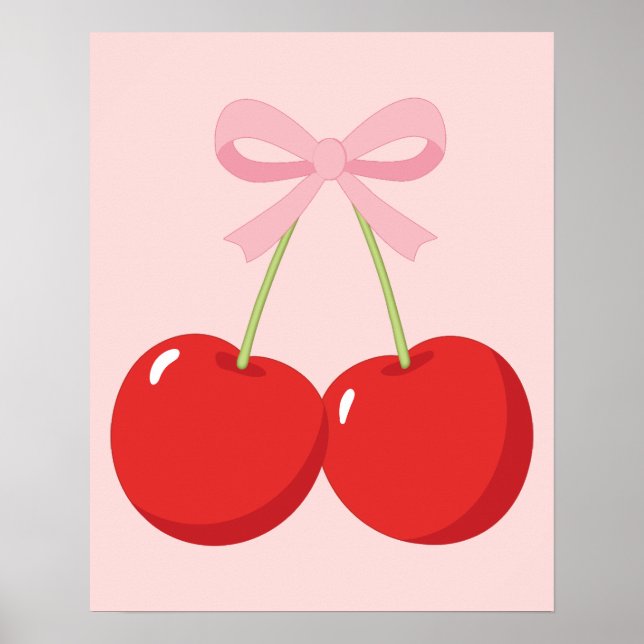 Poster Cerejas Vermelhas com Laço Rosa Coquette Estilo Co (Frente)