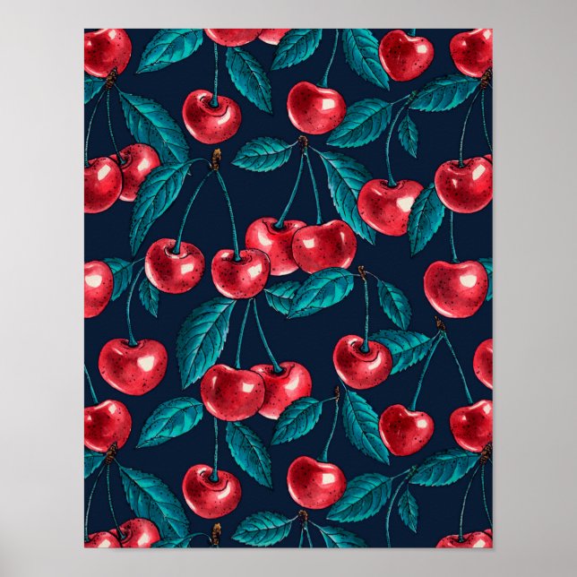 Poster Cerejas vermelhas em azul escuro (Frente)