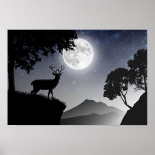 Poster Cerf sous la lune noir et blanc