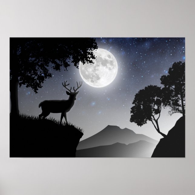 Poster Cerf sous la lune noir et blanc (Frente)