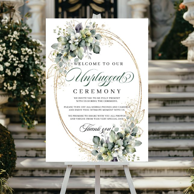 Poster Cerimônia de Casamento Botânica Verde Branco Desco (Botanical Green White Unplugged Ceremony Wedding Poster)