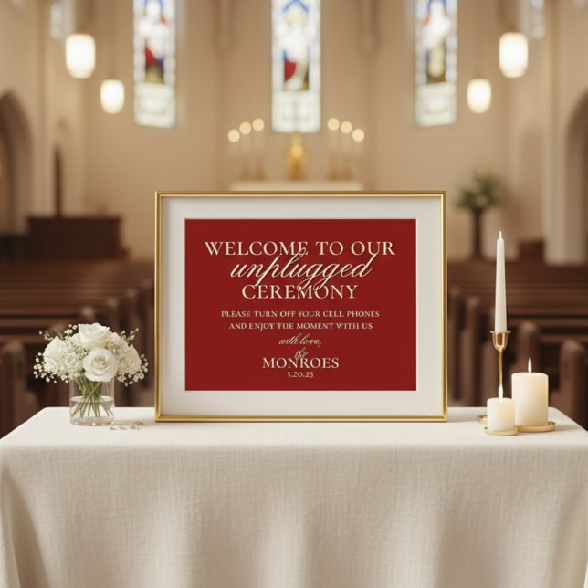 Poster Cerimônia de casamento desplugado Red Money Old Mo (Set a graceful tone for your ceremony with this Old Money Bold Red Unplugged Ceremony Sign!)