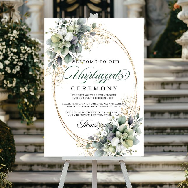 Poster Cerimônia Desconectada Botânica Verde Empoeirada C (Dusty Green Botanical Unplugged Ceremony Wedding Poster)