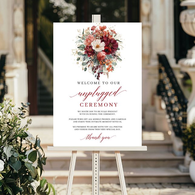 Poster Cerimônia Sazonal Burgundy Eucalipto Desconectada  (Seasonal Burgundy Eucalyptus Unplugged Ceremony Sign

)