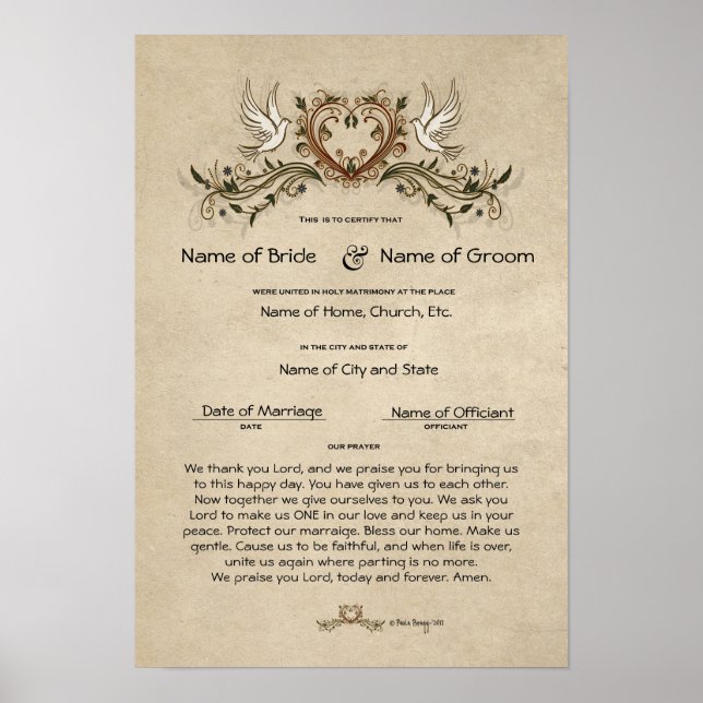 Póster Certificado Casamento-União-(Lembrança Ornamental) (Frente)
