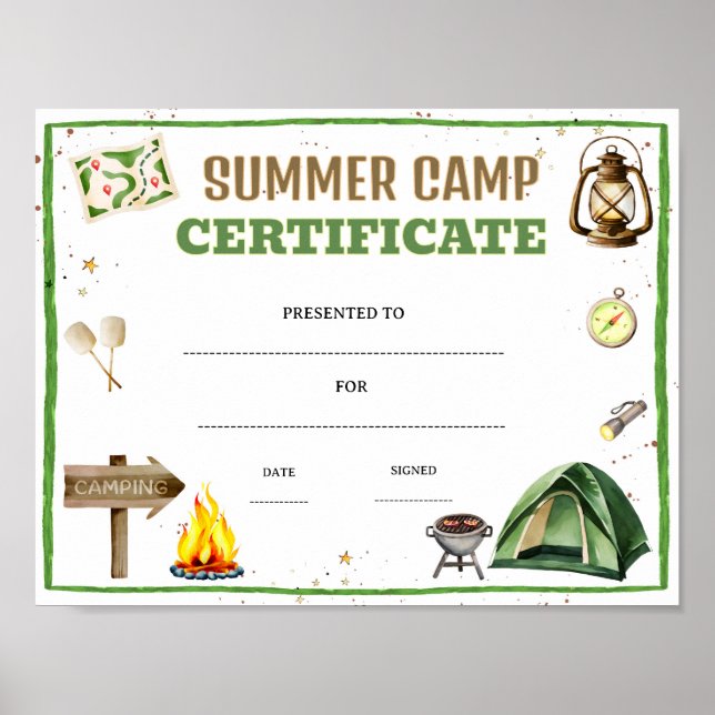 Poster certificado de acampamento de verão editável (Frente)