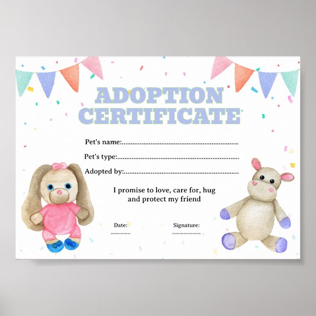 Poster Certificado de adoção de animal de brinquedo (Frente)
