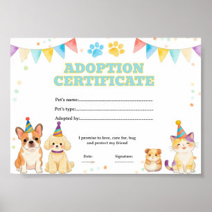 Poster Certificado de adoção de animal de estimação para