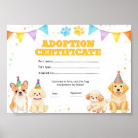 Certificado de adoção de cachorro filhote