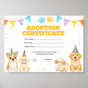 Poster Certificado de adoção de cachorro filhote