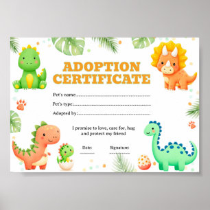 Poster Certificado de adoção de dinossauro para colorir