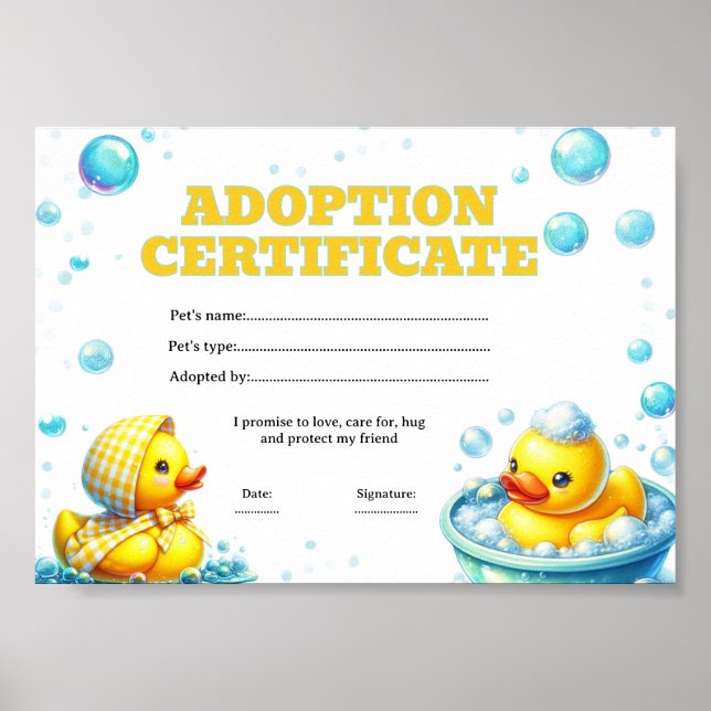 Poster certificado de adoção de pato editável  (Frente)