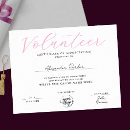 Poster Certificado de Apreciação de Voluntário Rosa Estil