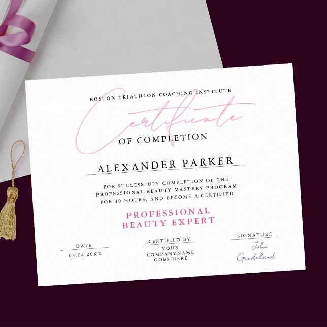 Poster Certificado de Beleza Simples Rosa Branco Profissi (Criador carregado)