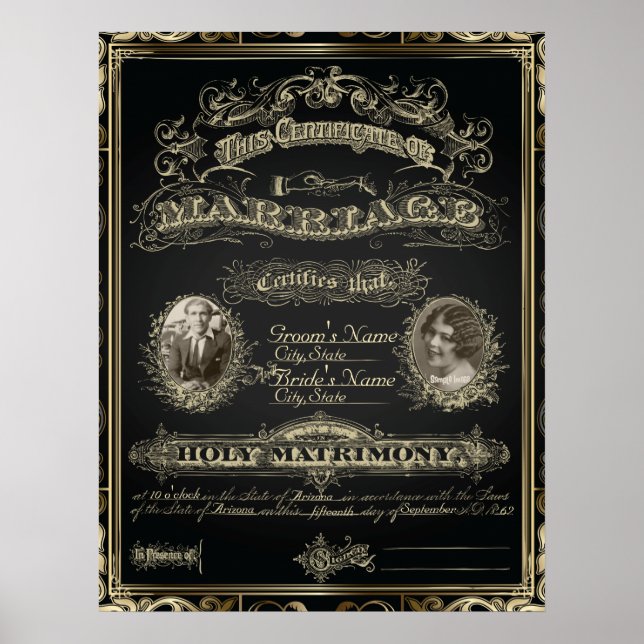 Póster Certificado de Casamento Clássico ao Estilo Gatsby (Frente)