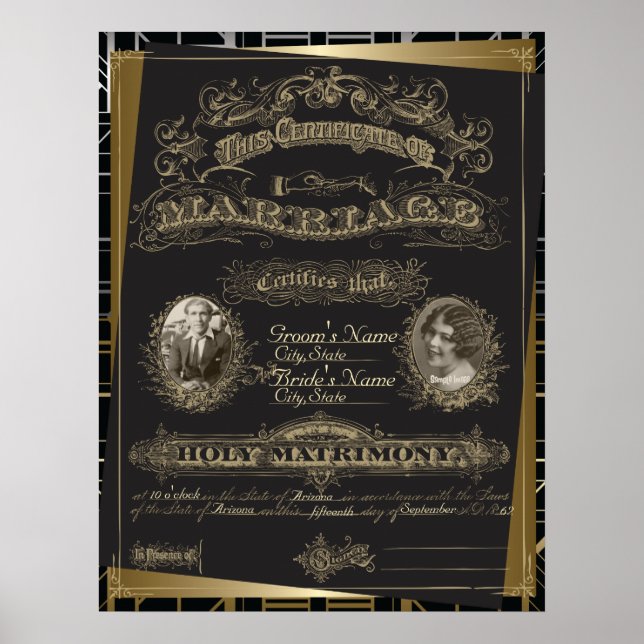 Póster Certificado de Casamento Clássico Gatsby Deco (Frente)
