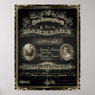 Póster Certificado de Casamento Clássico Vintage no Estil