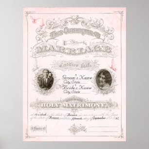 Póster Certificado de Casamento de Borboleta Rosa e de Ma