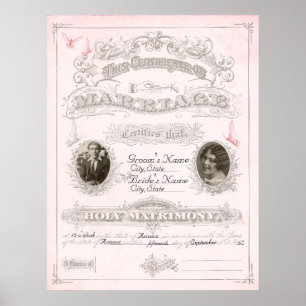 Póster Certificado de Casamento de borboleta rosa e marfi