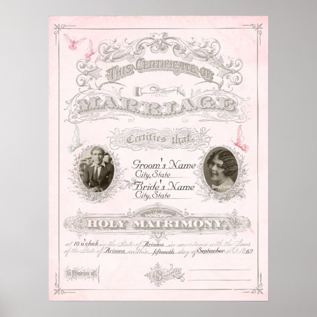 Póster Certificado de Casamento de borboleta rosa e marfi (Frente)