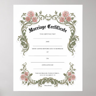 Poster Certificado de Casamento de Casamento Verde Rosa F