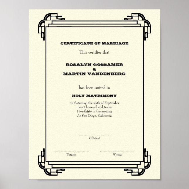 Póster Certificado de casamento de manutenção do quadro d (Frente)